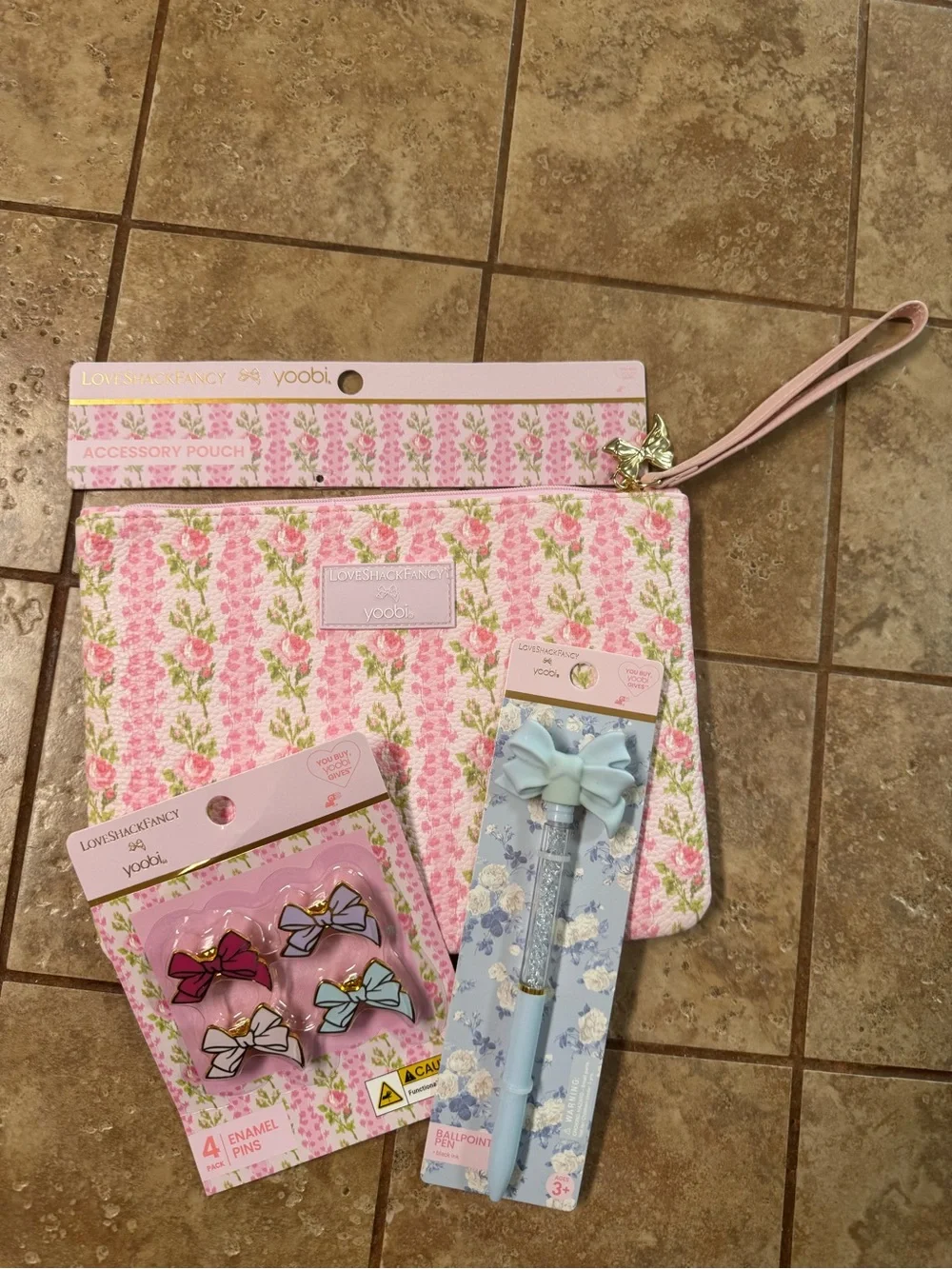 LoveShackFancy Accessory/Pencil Pouch, 4 Bow Pins, and Blue Pen